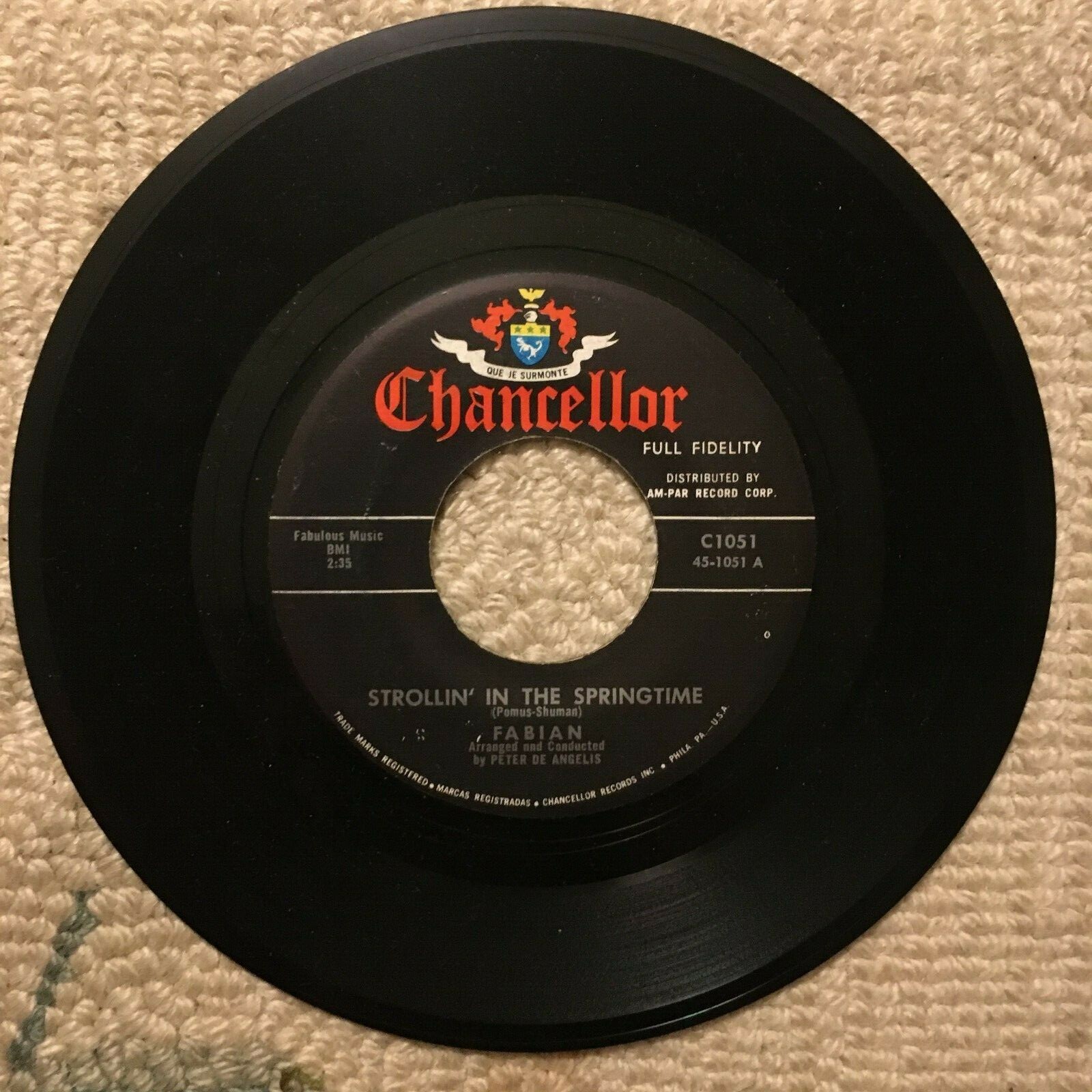 FABIAN Strollin’ in the Springtime/Write Me a Letter CHANCELLOR C1051 45 rpm