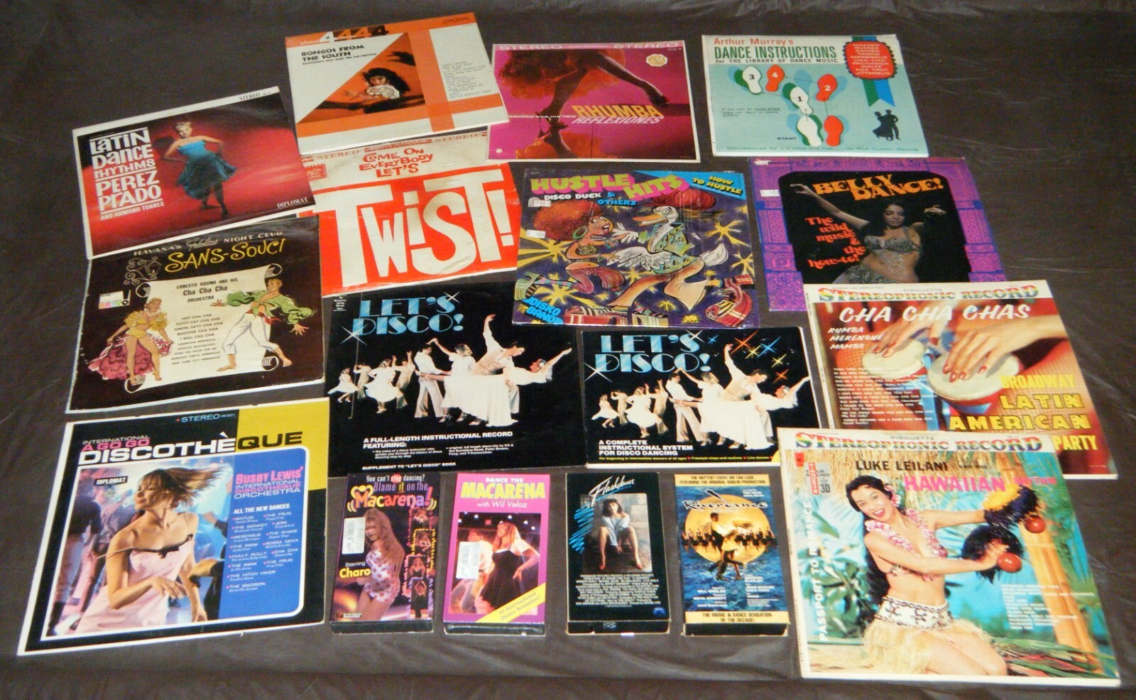 17 Dance Vinyl/VHS Lot: Disco/Hustle/Twist/Flash/River/Macarena/Belly/Rhumba/Cha