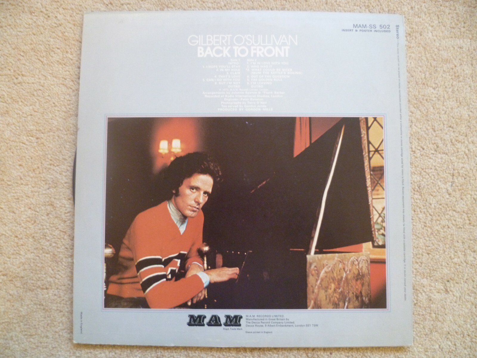 GILBERT O’SULLIVAN BACK TO FRONT VINYL LP + INSERT MAM-SS 502 VG+