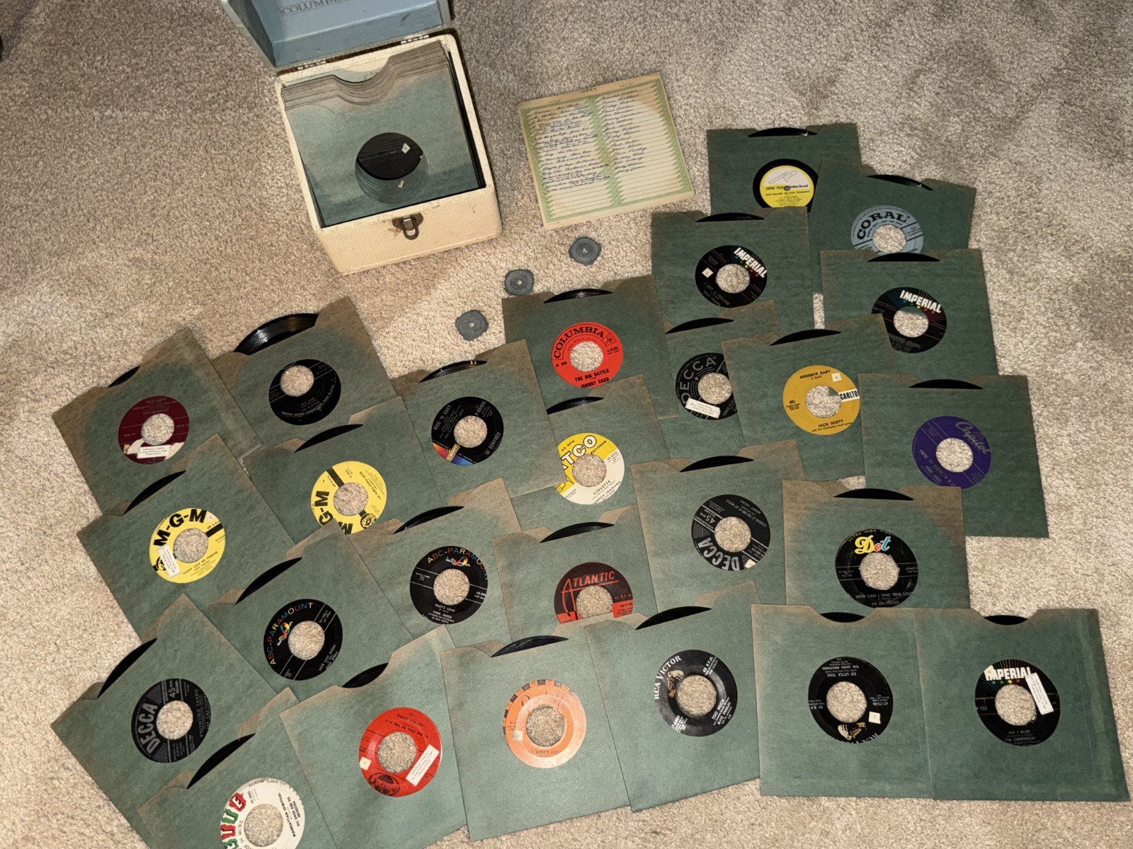 box of 1950’s 45s various artists – mostly teen heartthrob, 26 records and case
