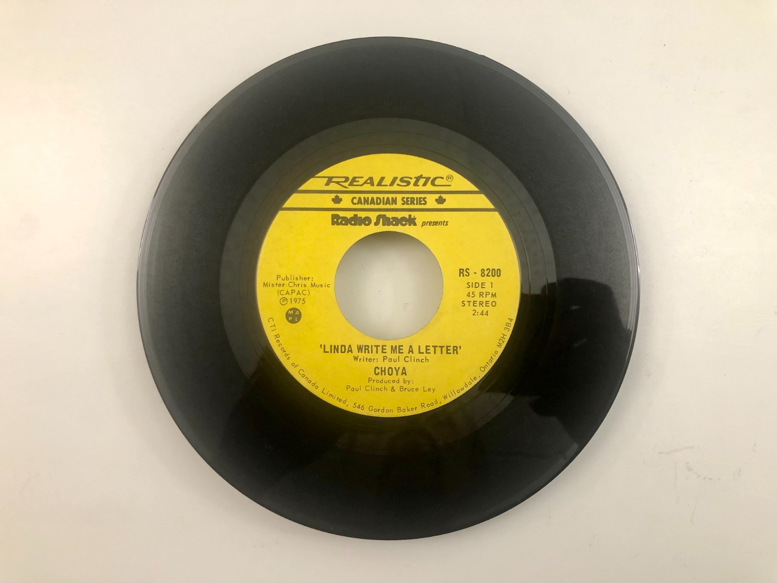 45 rpm CHOYA Linda Write Me A Letter REALISTIC RADIO SHACK NEAR MINT