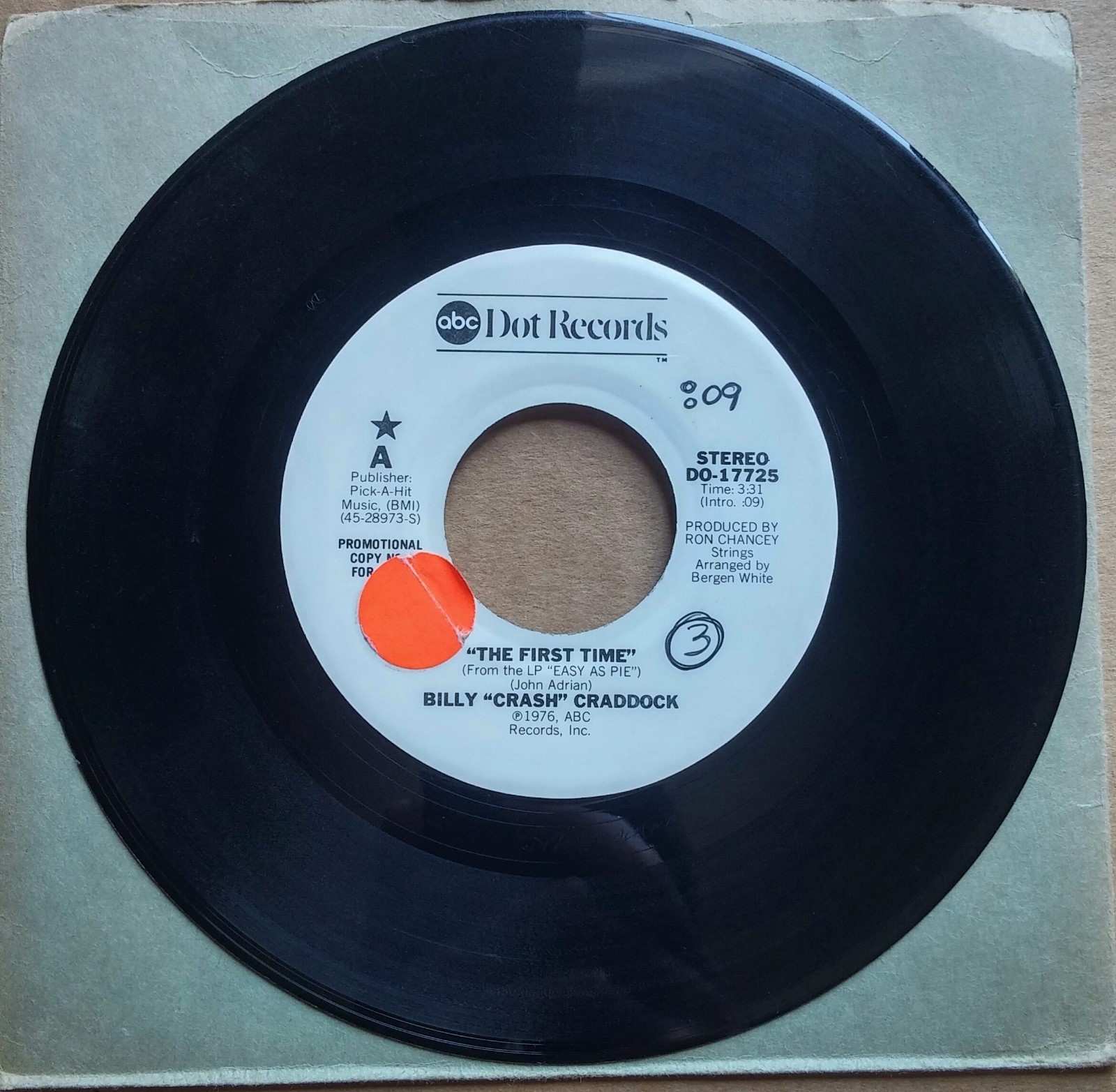 BILLY CRASH CRADDOCK The First Time DJ PROMO COUNTRY 7″ ABC DOT Records ’76