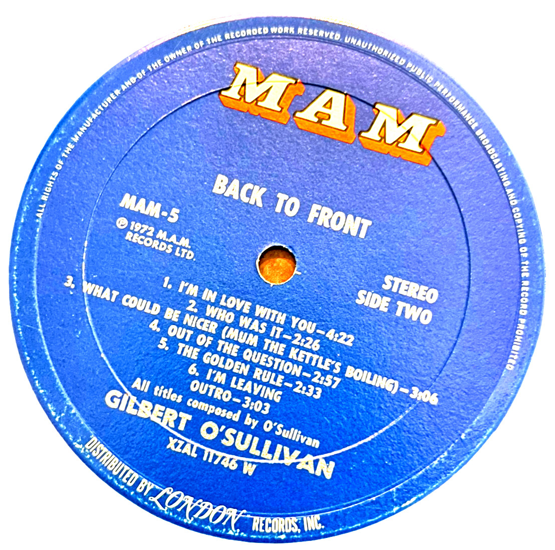 Gilbert O’Sullivan – Back to Front – MAM Record MAM-5 – 12″ 33rpm Record