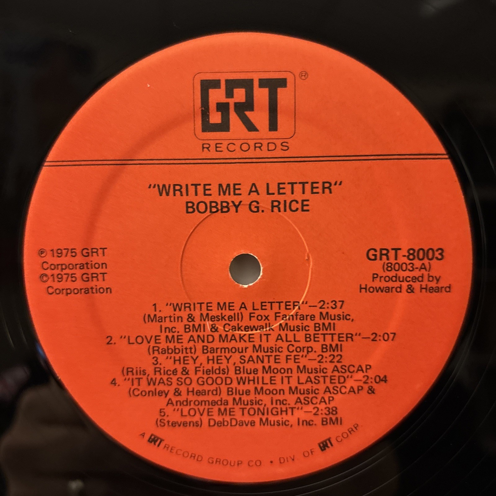 Bobby G. Rice – Write Me A Letter – 1975 Vinyl LP – EX/VG