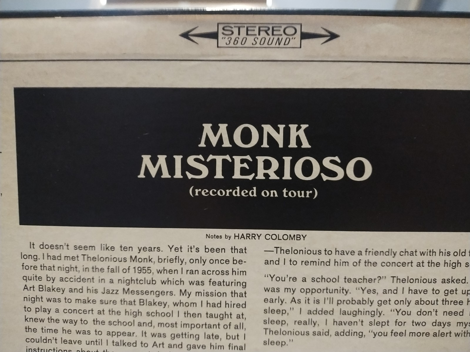 THELONIOUS MONK Misterioso-Recorded on Tour SCARCE EX 1965 2-EYE 360 COLUMBIA LP