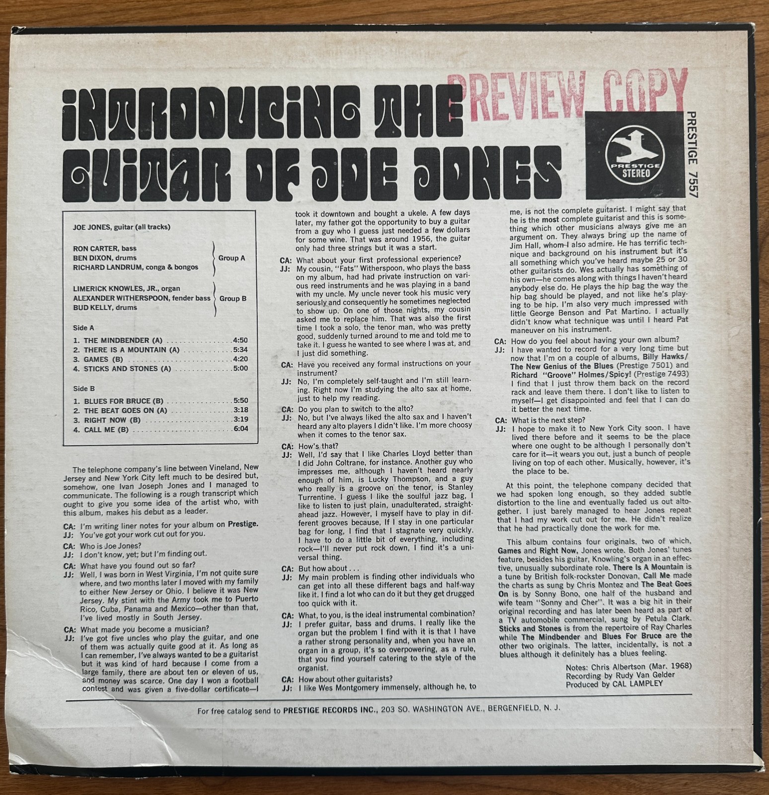 Joe Jones lp “Mindbender” preview copy on Prestige PR 7557 “Psychedelic Guitar”