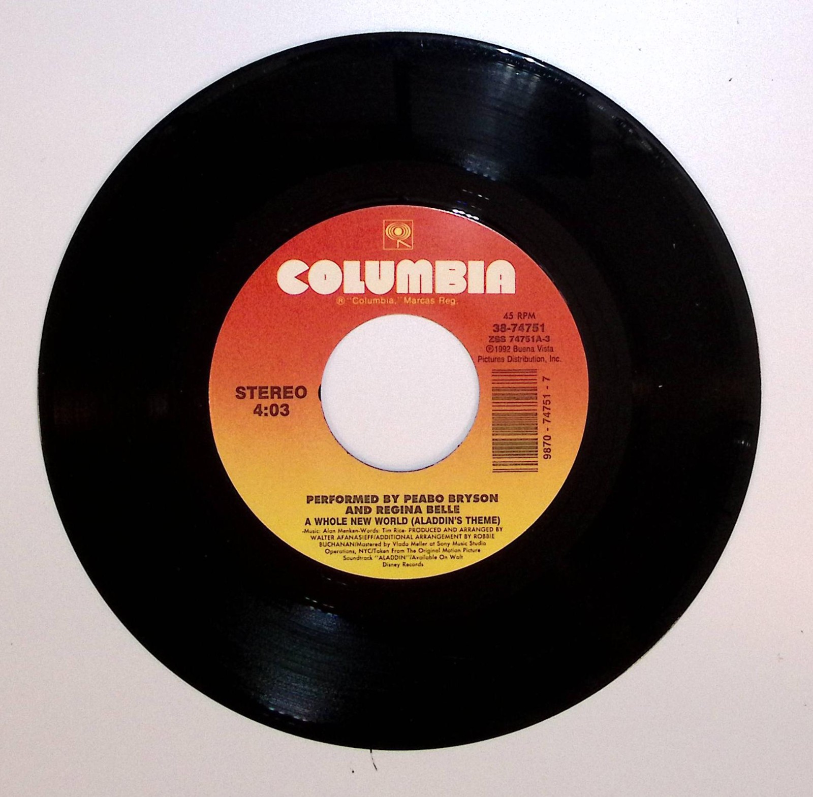 Peabo Bryson & Regina Belle 45 “A Whole New World (Aladdin)” NM EX Q5