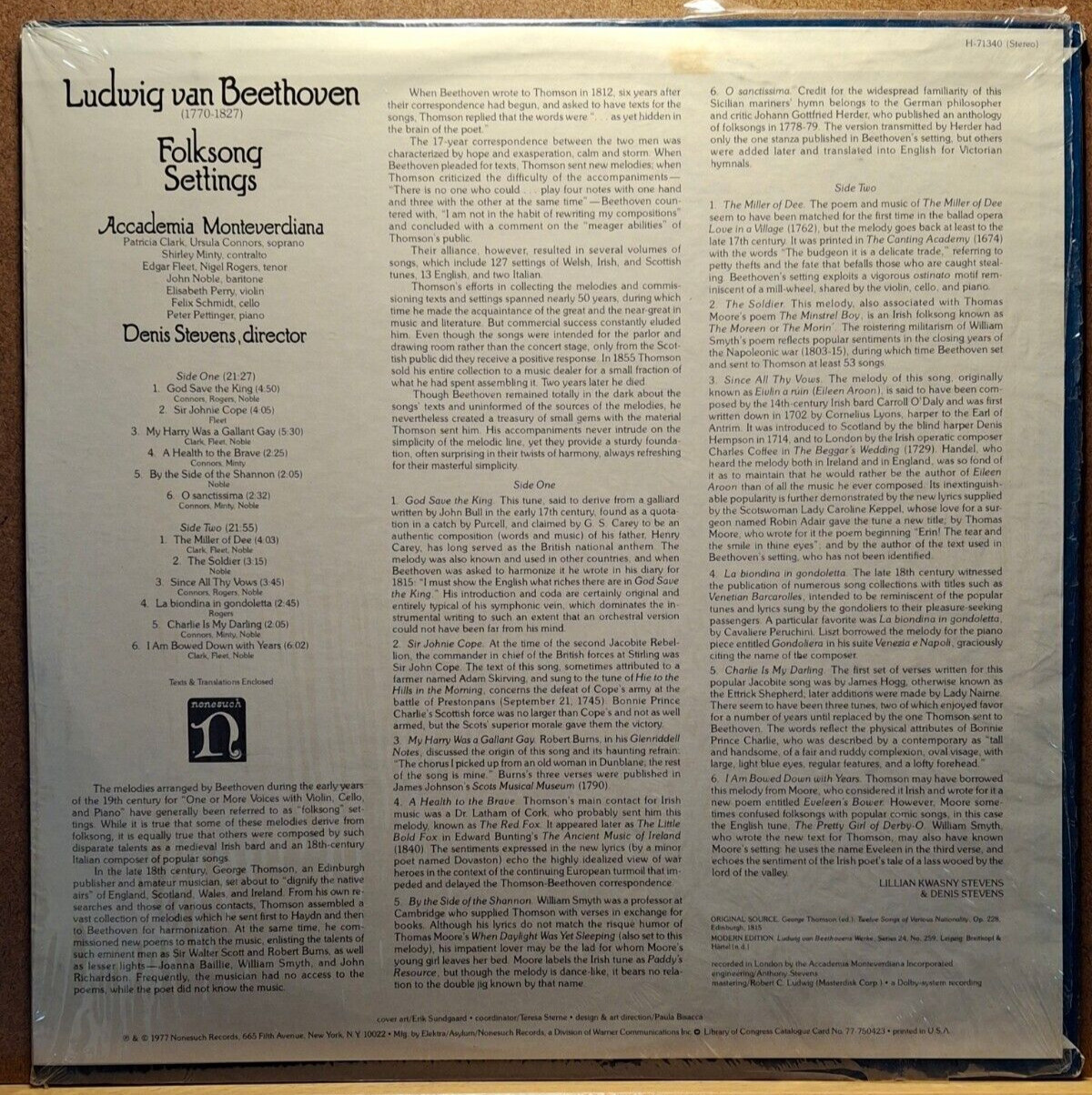 *SEALED Beethoven – Folksong Settings | Nonesuch H-71340 1977 (shrink wrap torn)