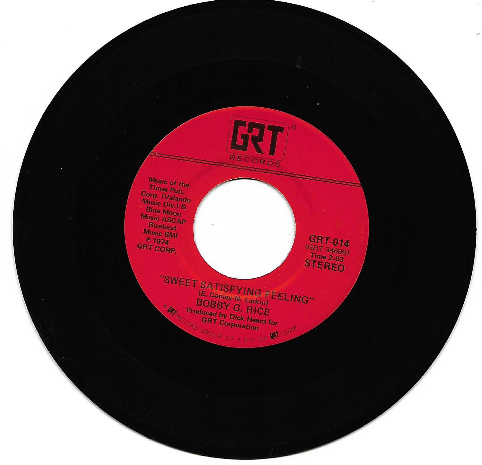 Bobby G. Rice, Write Me A Letter/Sweet Satisfying Feeling 45 VG+ 1974 GRT