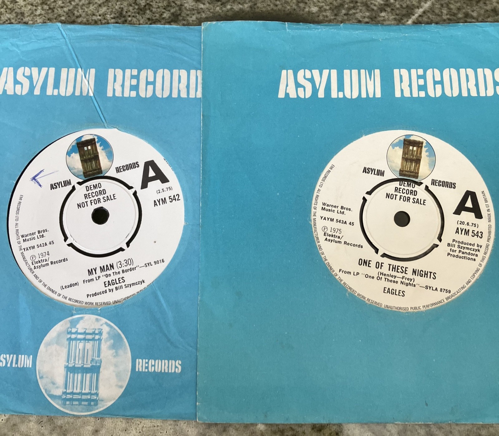 Eagles Demos One Of These Nights (VG+) and My Man (EX ) UK 7″ 45 singles