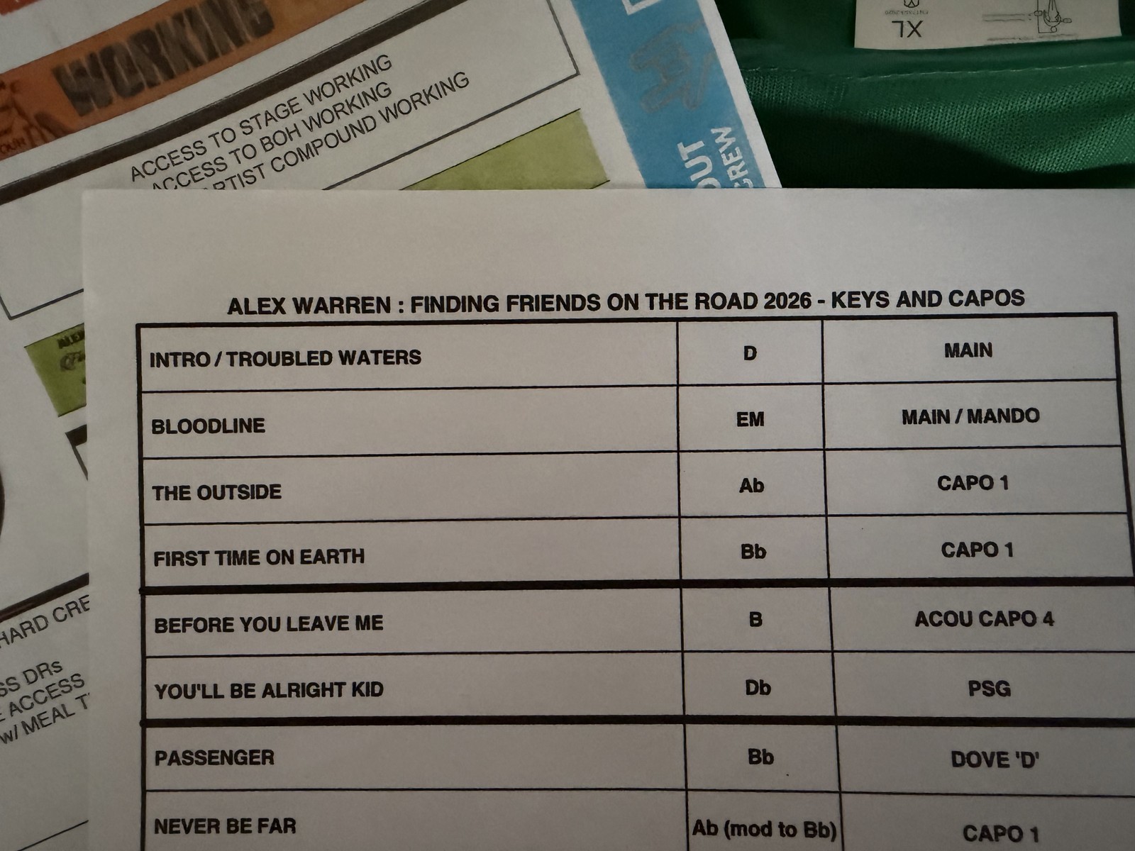 Alex Warren setlist timesheet crewsheet passsheet backstage access vest