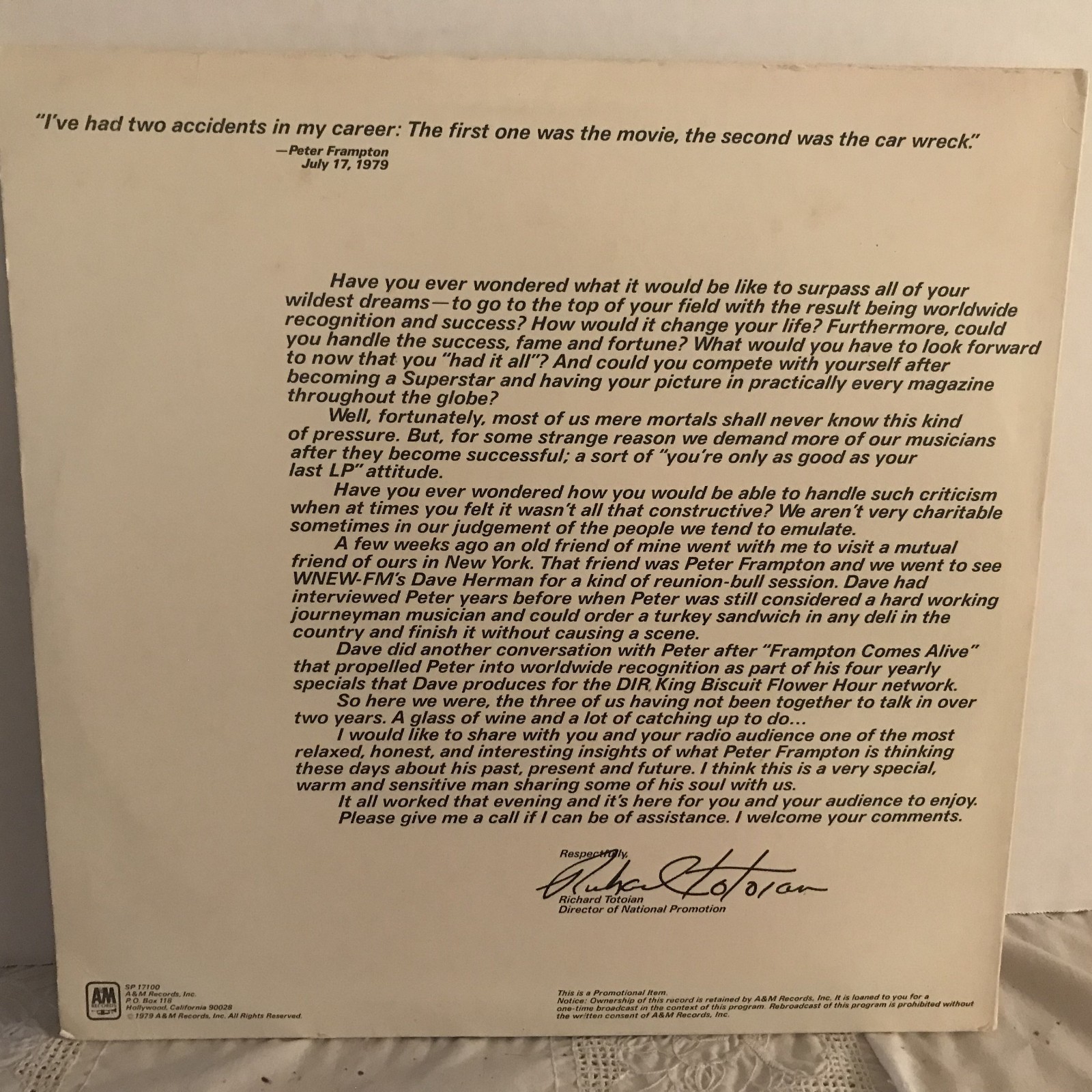 PETER FRAMPTON Radio Special WHITE LABEL PROMO 1979 A&M SP 17100 Promotional