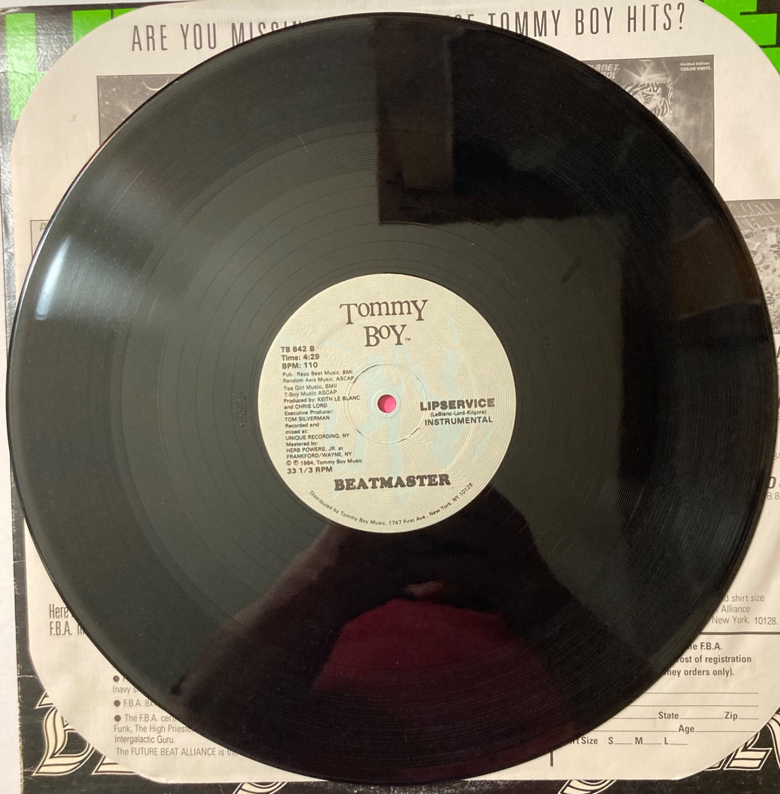 BEATMASTER Lipservice 1984 DEBUT 12″ Single on Tommy Boy #842 ELECTRONIC HIP HOP