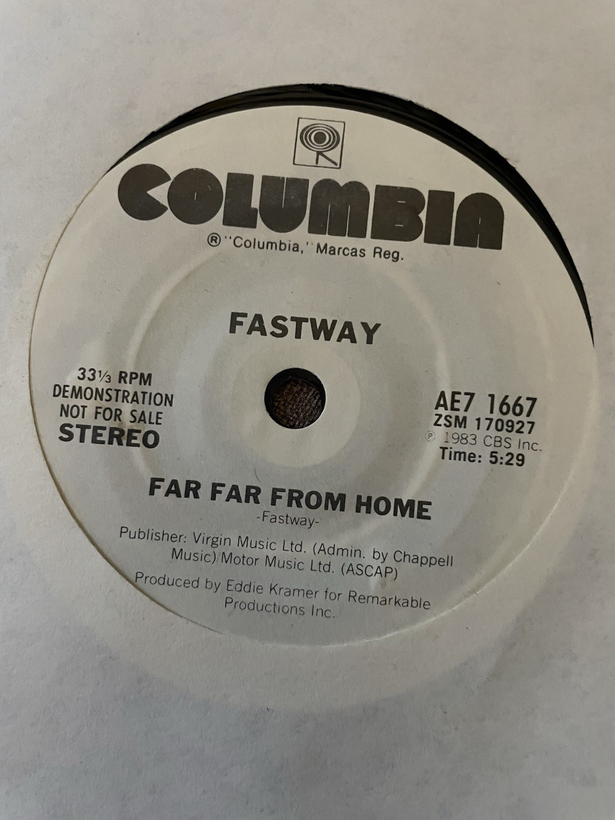 FASTWAY – FAR FAR FROM – 1983 ONE SIDED 7″ 33 RPM COLUMBIA AE7-1667 PROMO