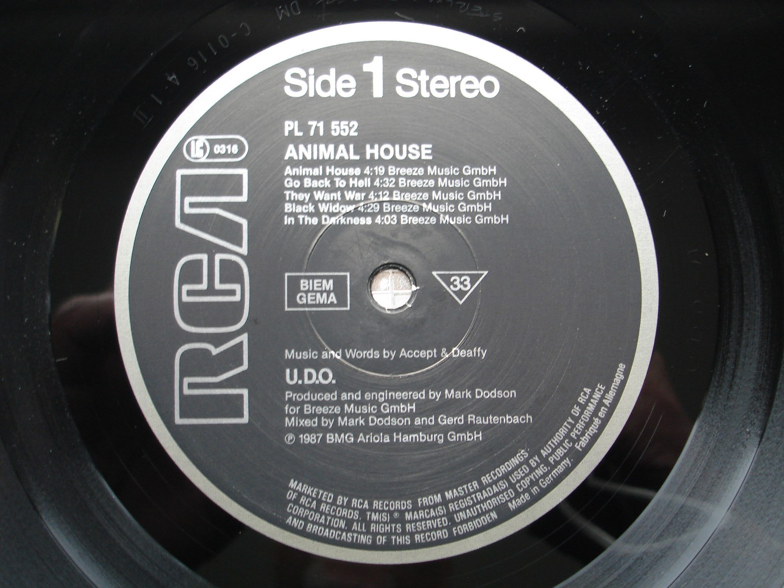 U.D.O. ~ Animal House ~ 1987 GERMAN IMPORT LP RCA – PL 71 552