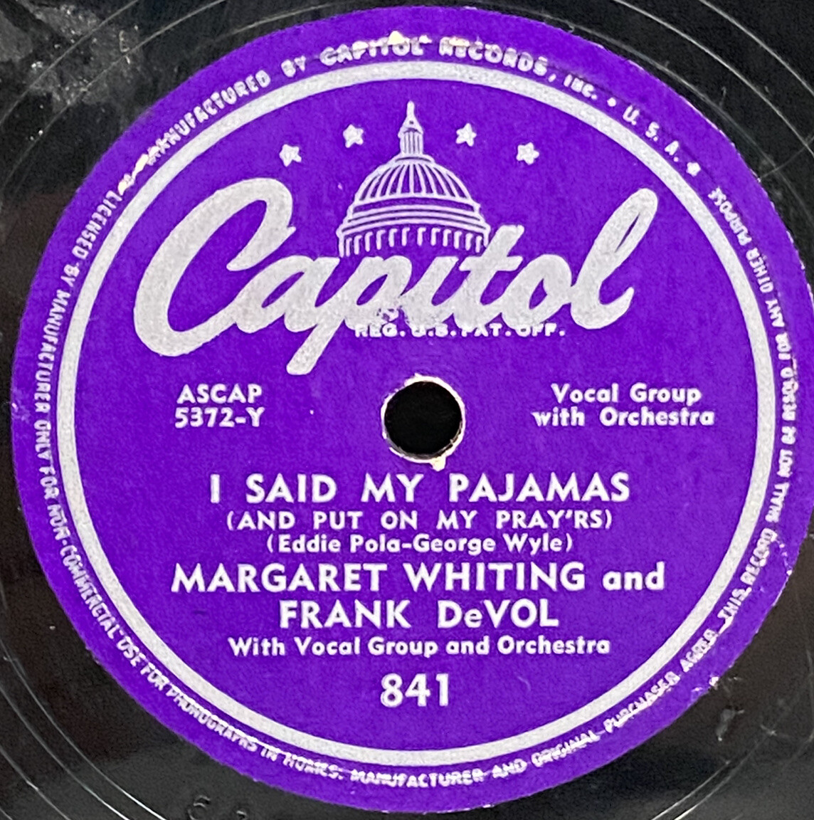 Margaret Whiting & Frank DeVol I Said My Pajamas Be Mine 78 RPM Capitol V+