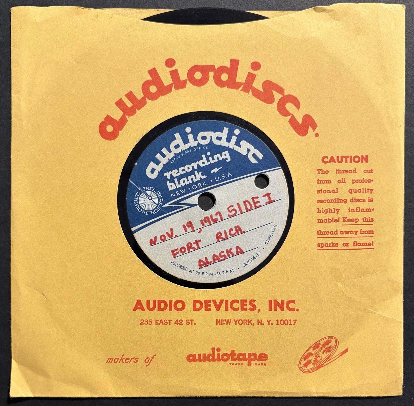7″ Acetate Fort Richardson Alaska November 19, 1967 Non-Music Spoken Word