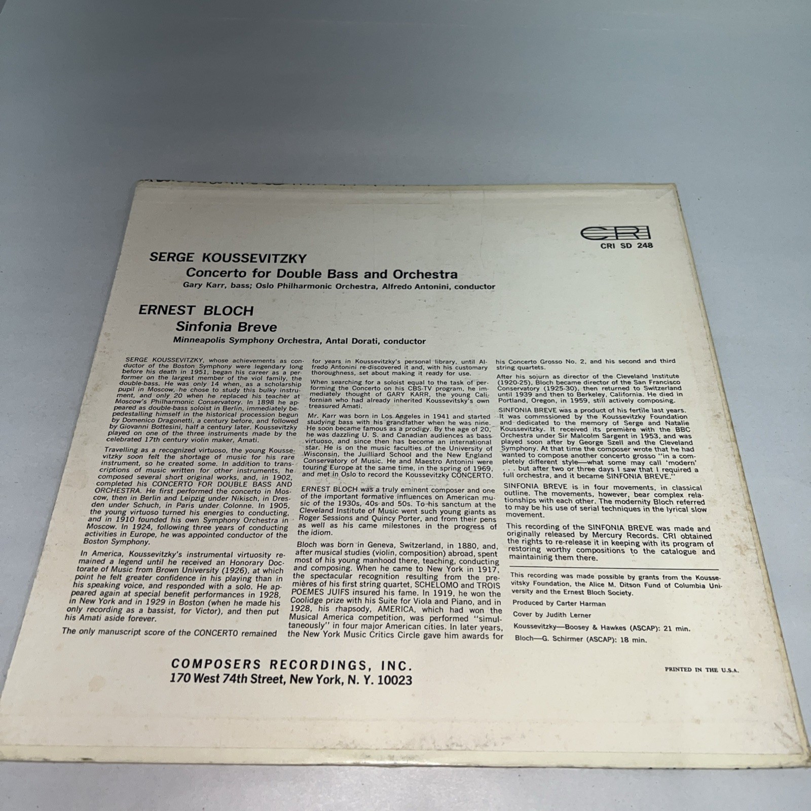 Serge Koussevitzky / Ernest Bloch, Gary Karr – Double Bass Concerto / Sinfonia B