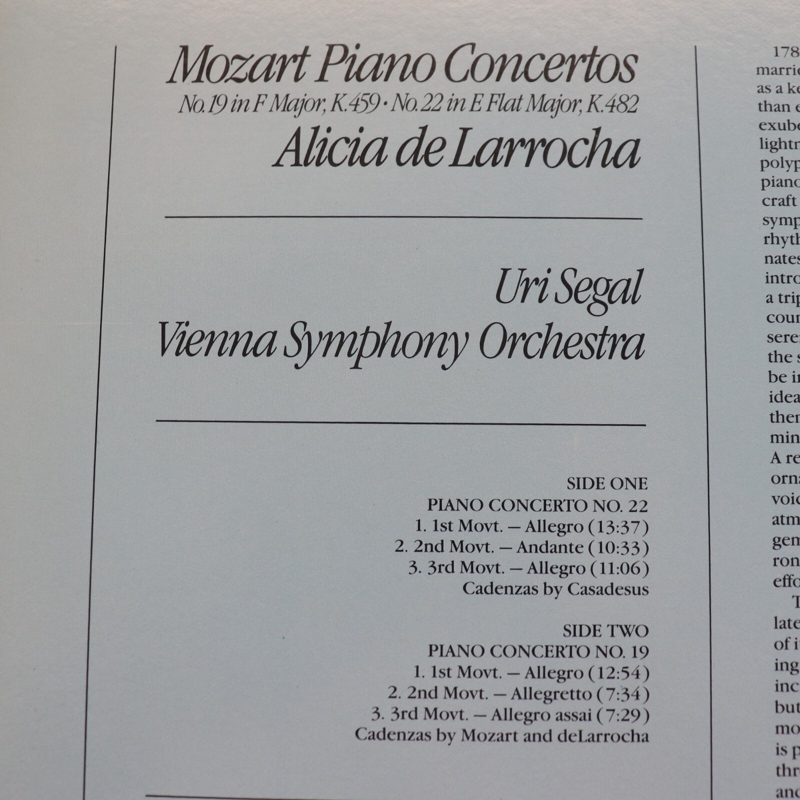Mozart Piano Concertos No 19 22 LP Alicia De La Rocha Decca 1983 Vienna Symph