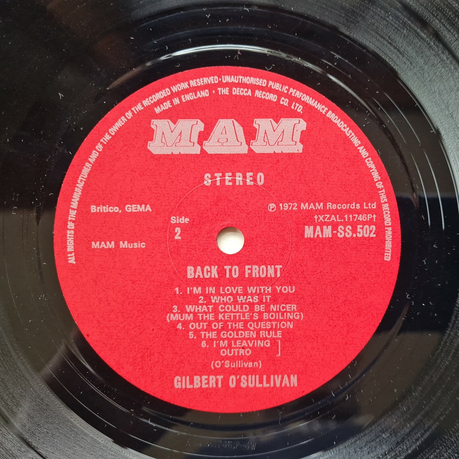 Gilbert O’Sullivan ‎– Back To Front (MAM ‎– MAM-SS 502)