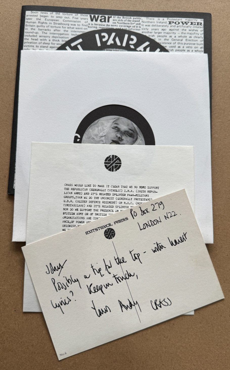 HIT PARADE BAD NEWS 7″ Crass Records 1983 – NR MINT – JOHN PEEL COPY WITH LETTER