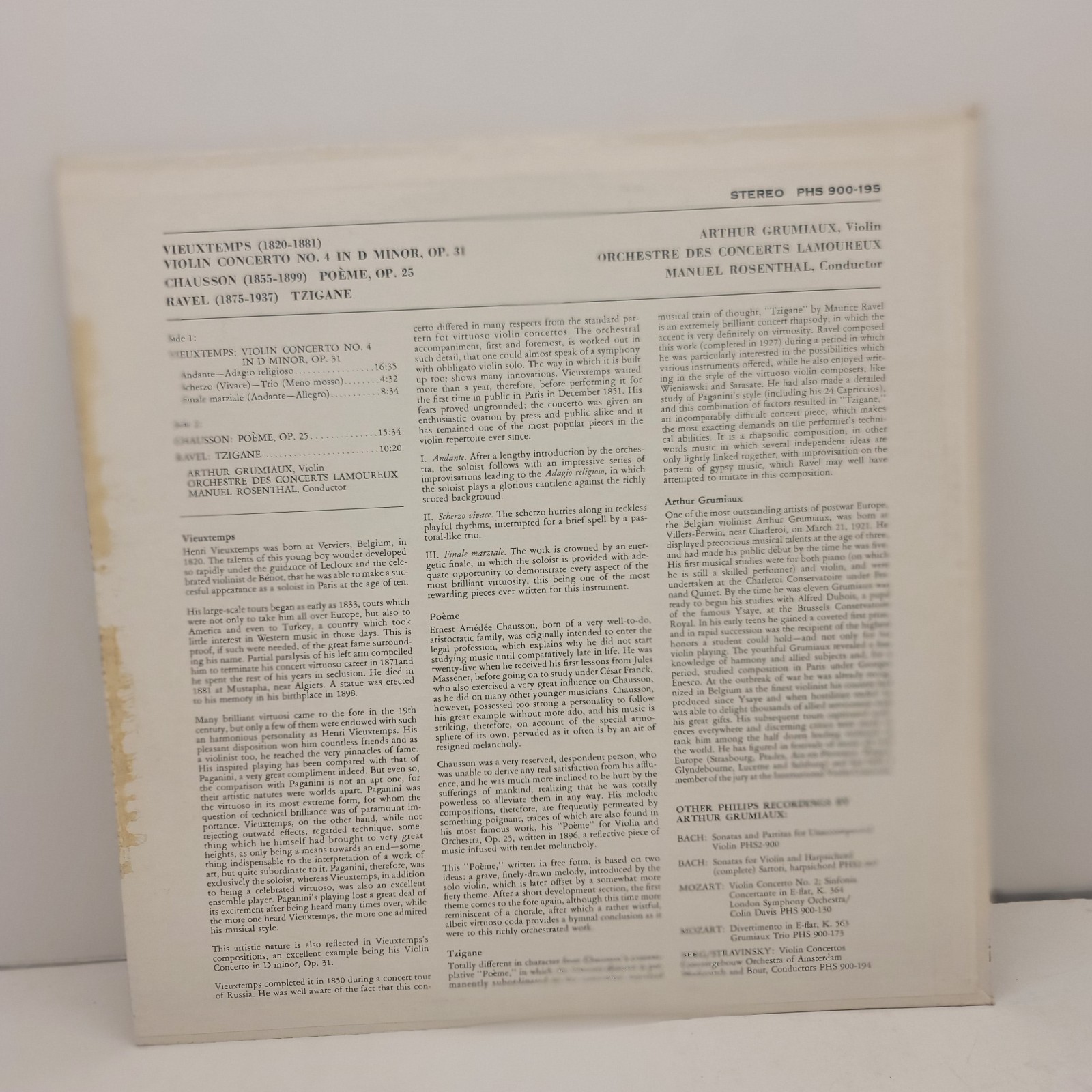 Arthur Grumiaux – Vieuxtemps Chausson Ravel – Philips – (PHS 900-195) – VINYL/LP