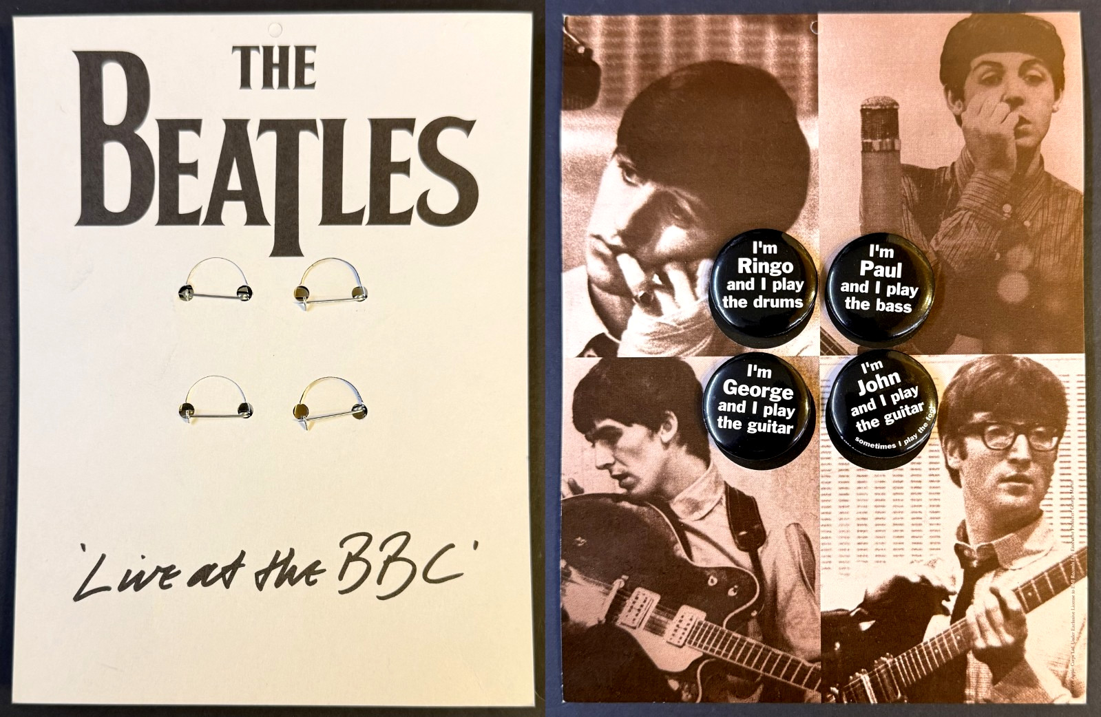 BEATLES “Live At The BBC” PROMO BADGE SET w/DISPLAY Vintage 1994 Capitol RARE