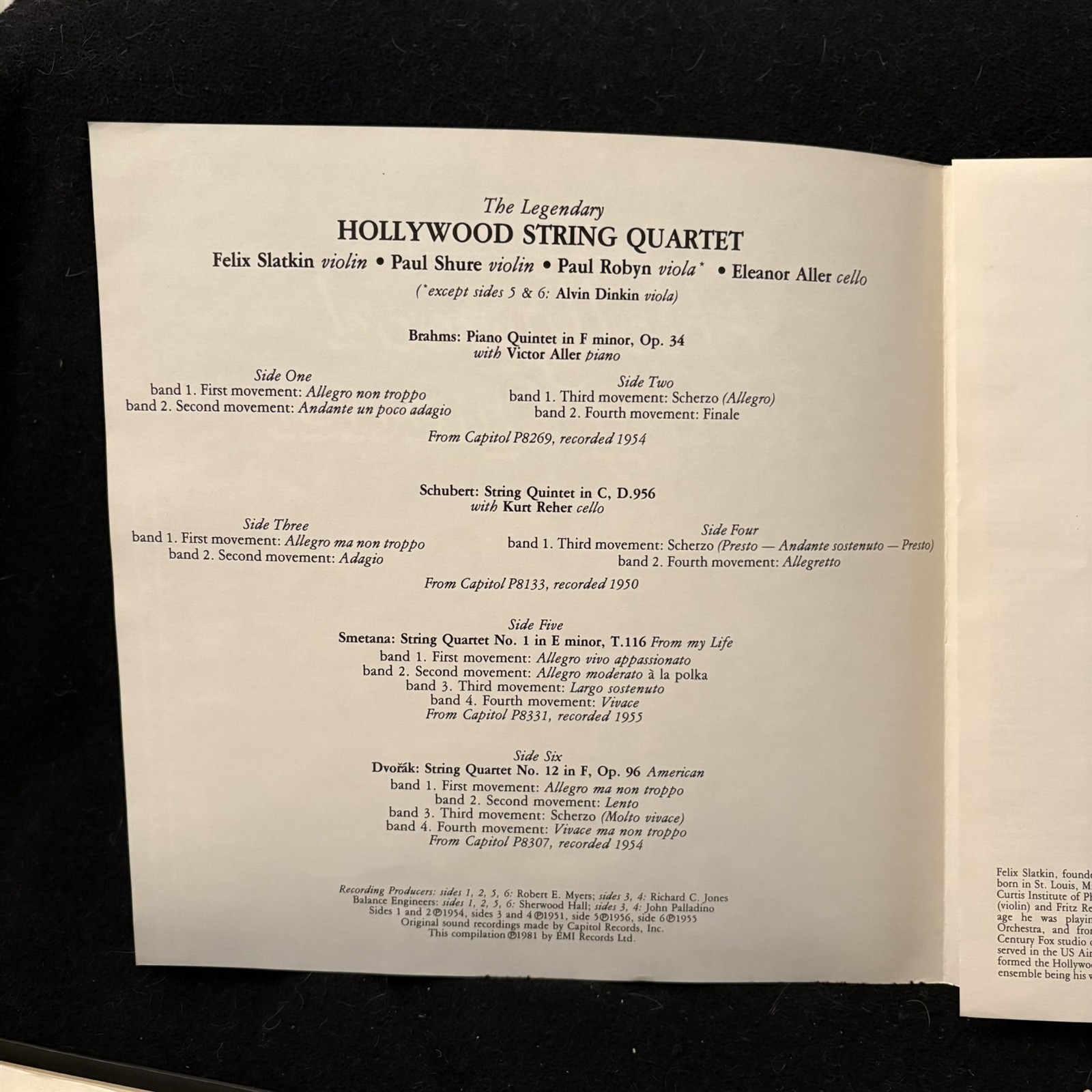 EMI RLS 765 HOLLYWOOD STRING QUARTET – Brahms Schubert Smetana Dvorak – UK 3LP