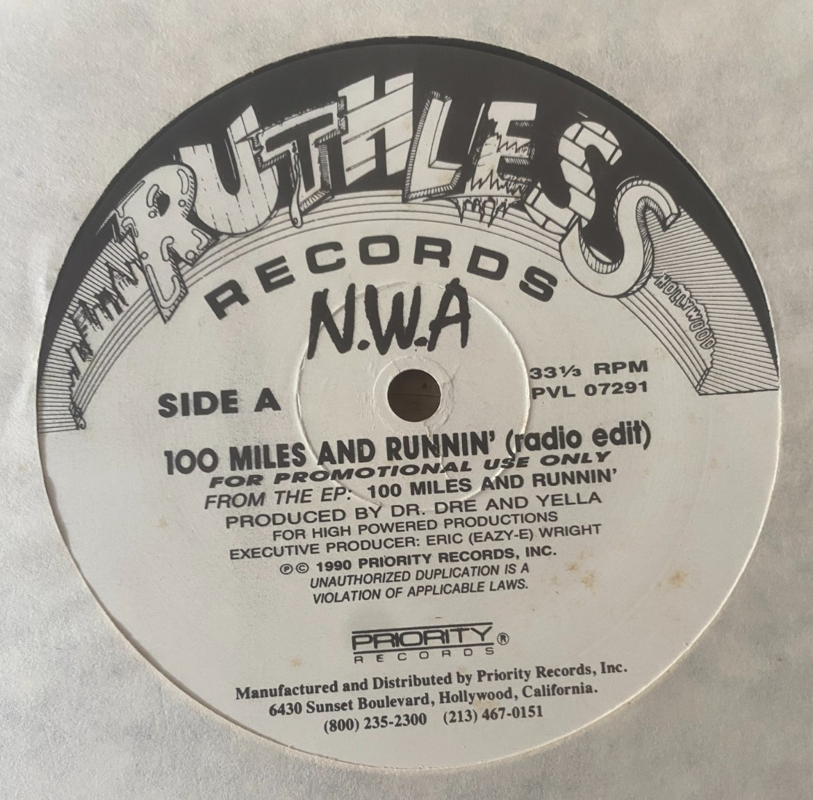 N.W.A. 100 Miles And Runnin’ 12″ radio Dr. Dre EAZY E Ren ICE CUBE D.O.C