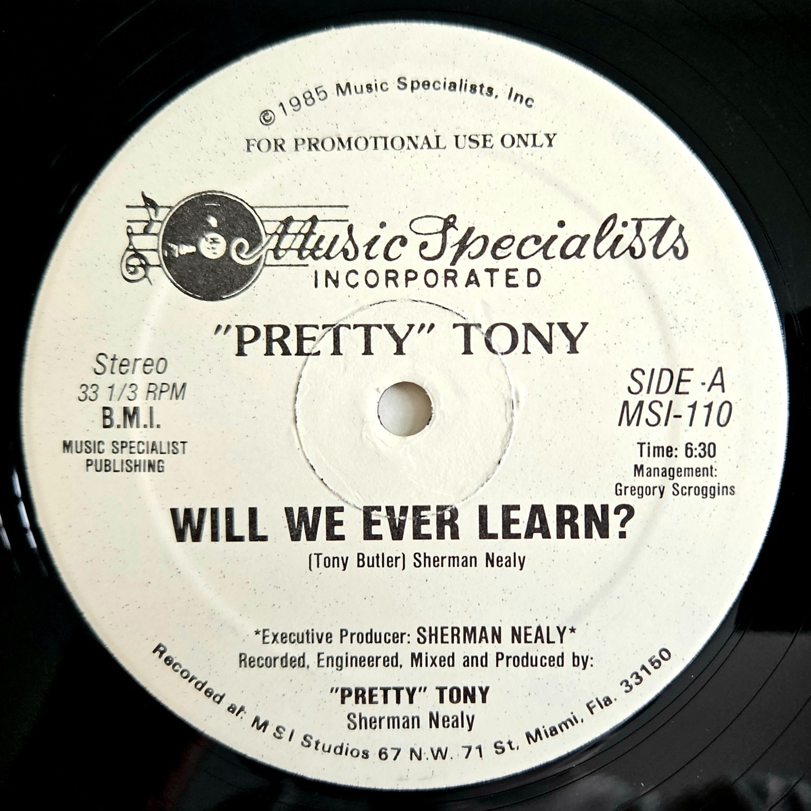 ELECTRO-FUNK – PRETTY TONY – WILL WE EVER LEARN? – MUSIC SPECIALISTS OG PROMO