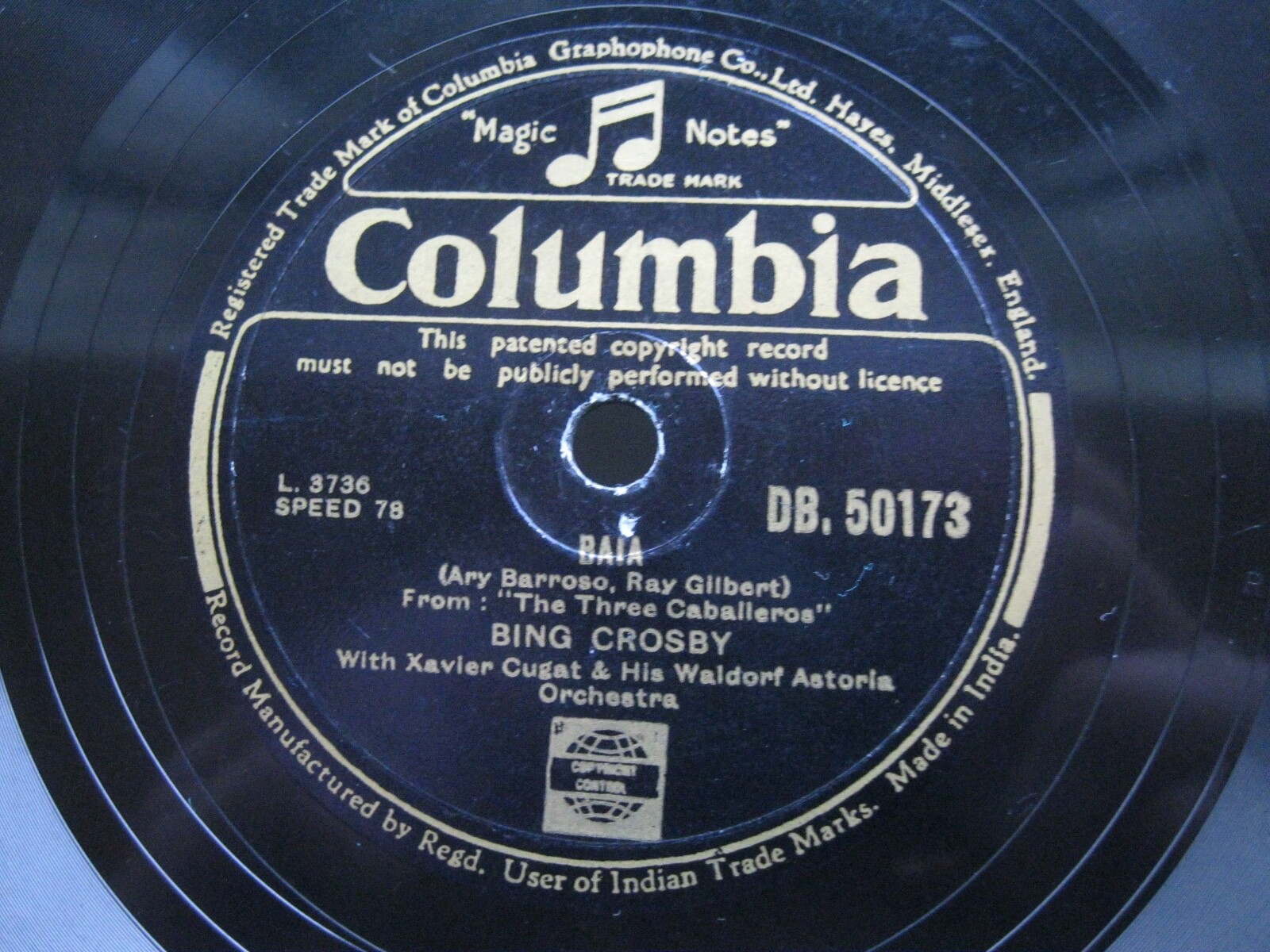 BING CROSBY 78 RPM YOU BELONG TO MY HEART / BAIA 1949 INDIA COLUMBIA DB.50173