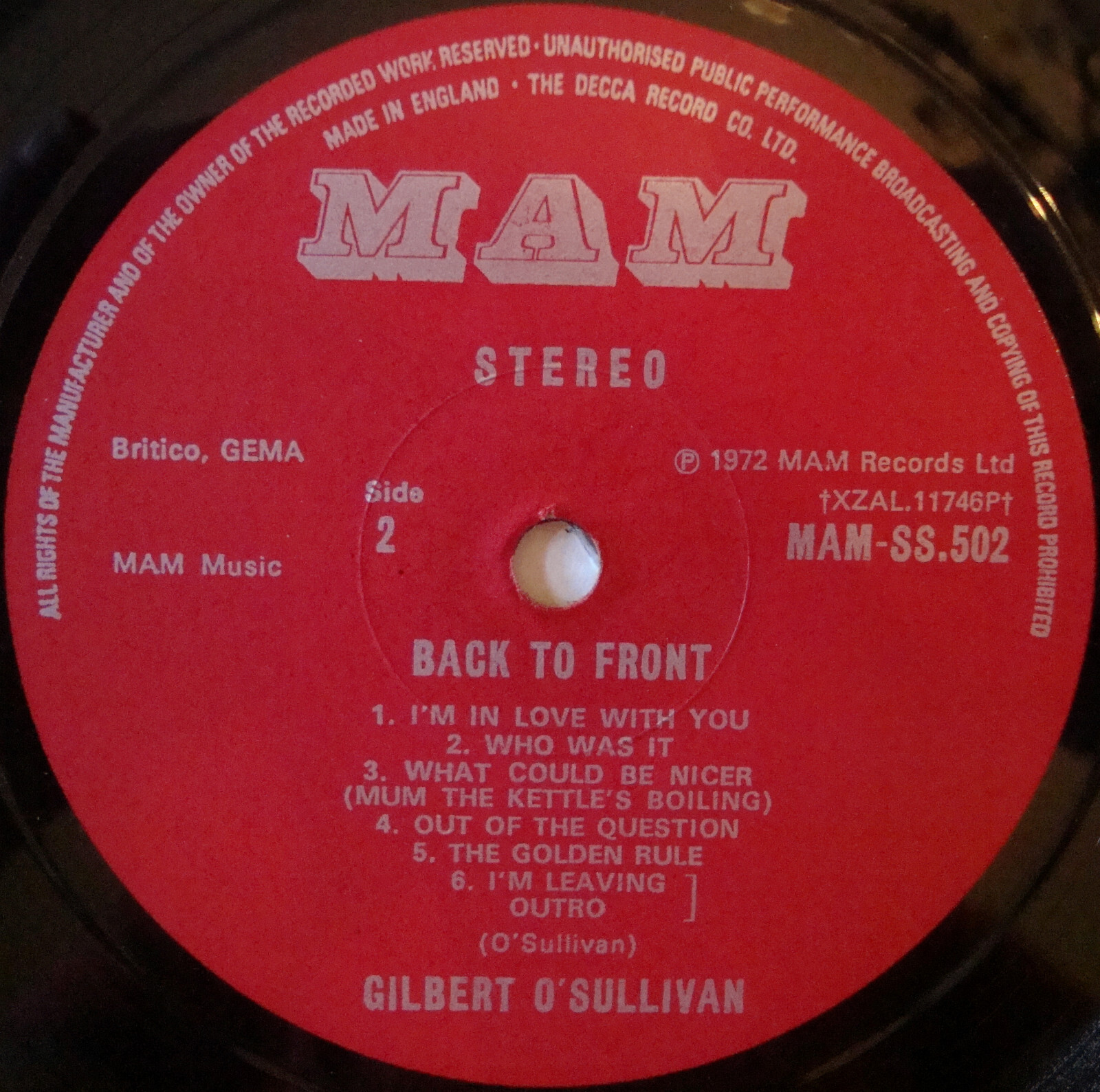 Gilbert O’Sullivan Back To Front 12″ LP MAM 1972 MAM.SS 502 (3681)