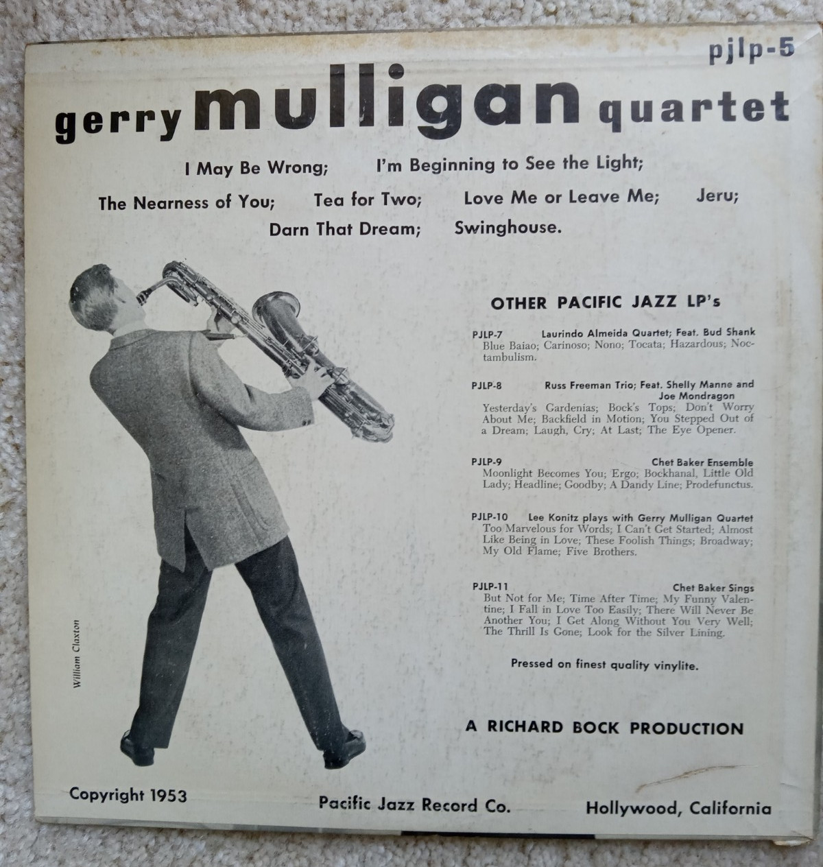 Gerry Mulligan Quartet 1953 Pacific Jazz PJLP-5 Vinyl 10” 1ST PRESS ORIGINAL EX