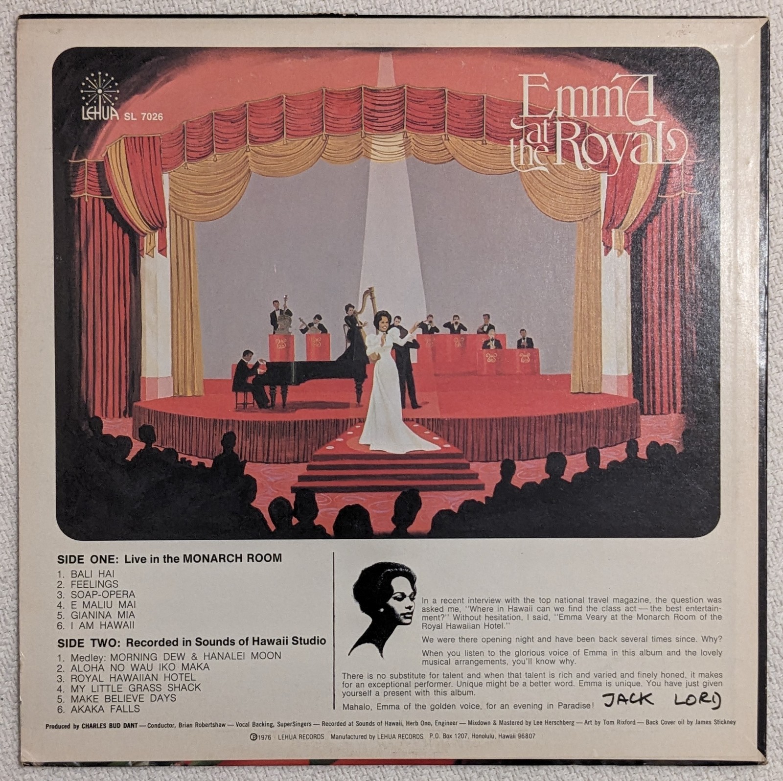Emma Veary EMMA AT THE ROYAL lp Lehua SL 7026 exotica STEREO Jack Lord 1976