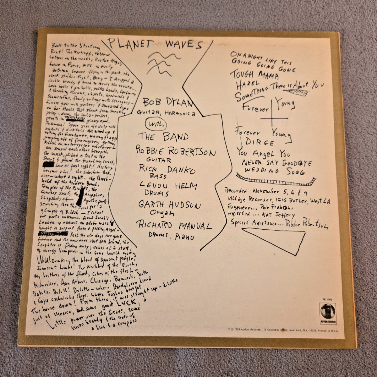 Bob Dylan – Planet Waves Vinyl LP – 1974 Asylum Records 7E-1003
