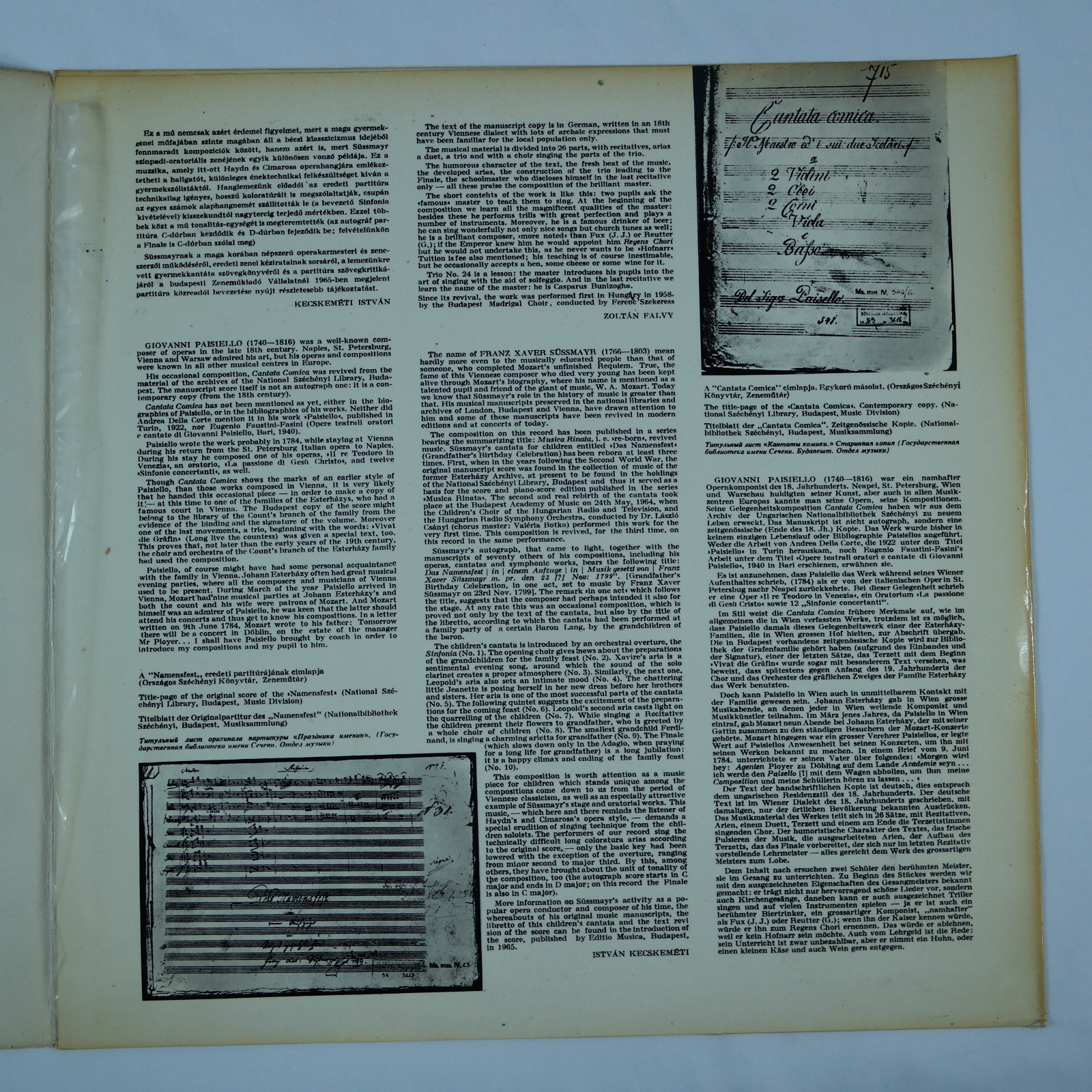Sussmayr: Das Namensfest & Paisiello: Cantata Comica/Hungary Qualiton Stereo NM