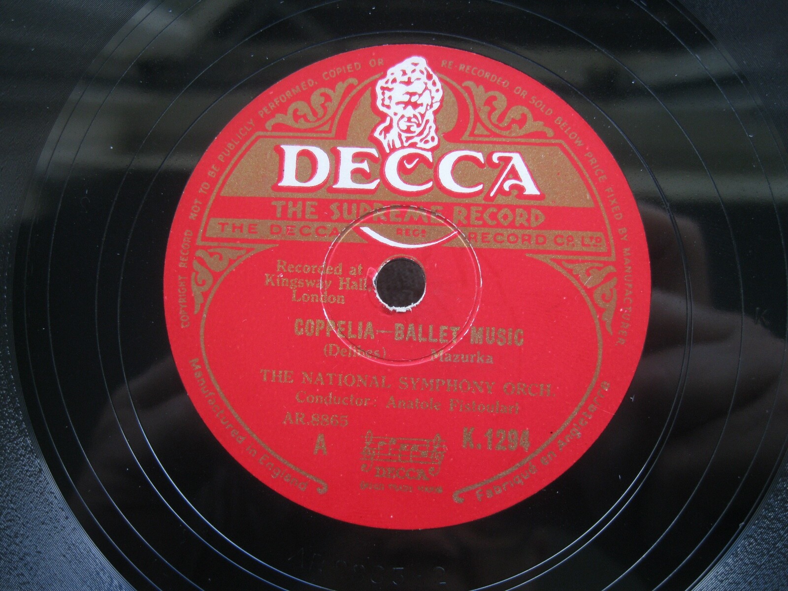 NATIONAL SYMPHONY ORCHESTRA 12″ 78 RPM COPPELIA – BALLET MUSIC 1949 DECCA K.1294