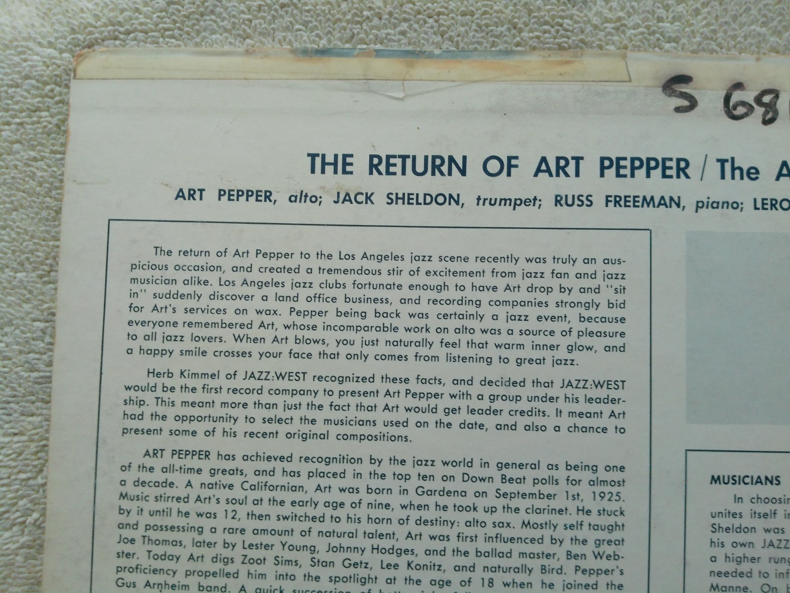 THE RETURN OF ART PEPPER ORIG. JAZZ WEST 10 LONG PLAYING DG
