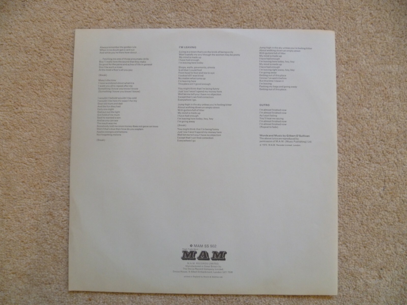 GILBERT O’SULLIVAN BACK TO FRONT VINYL LP + INSERT MAM-SS 502 VG+