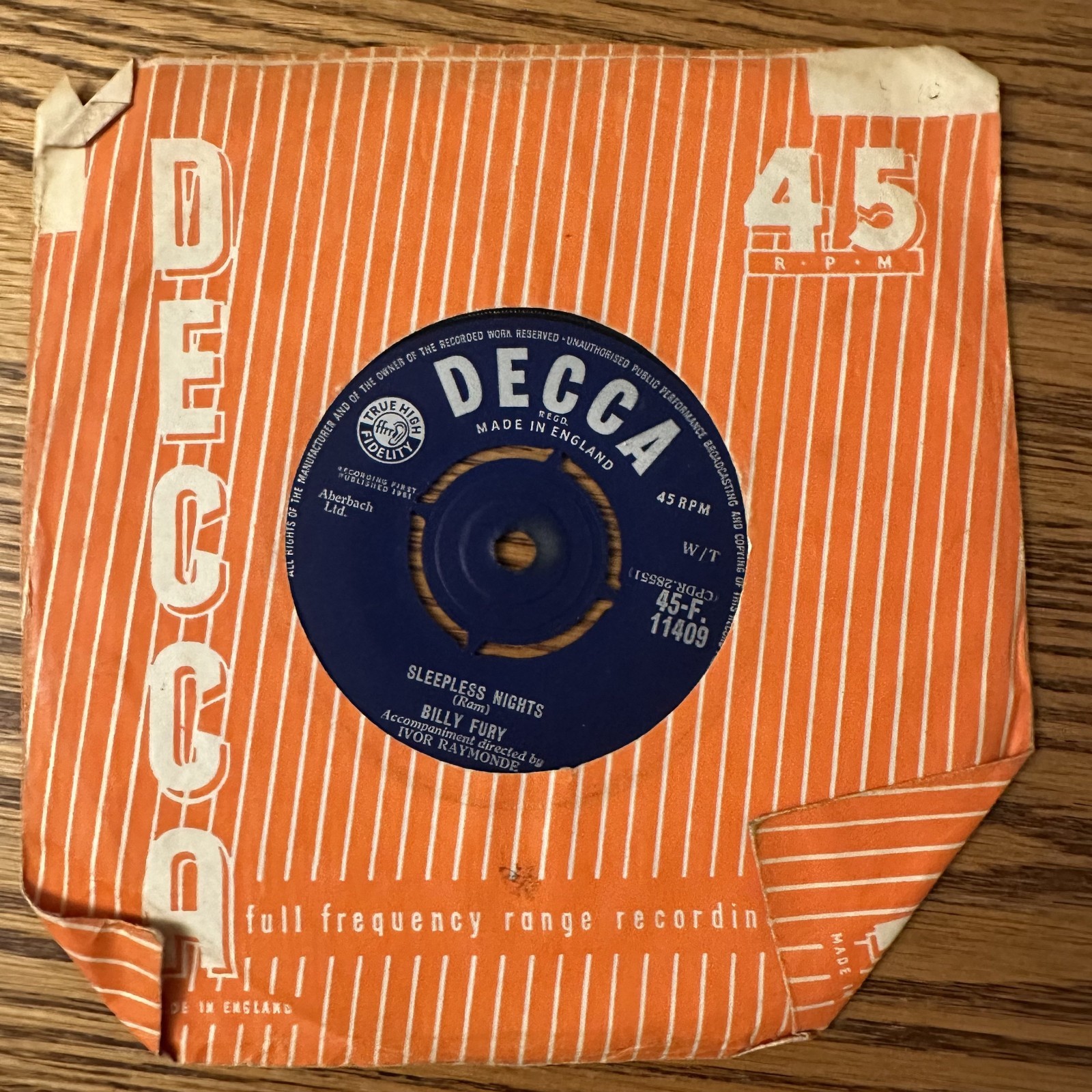 Billy Fury – I’d Never Find Another You / Sleepless Nights – 7″ 45 UK – VG+