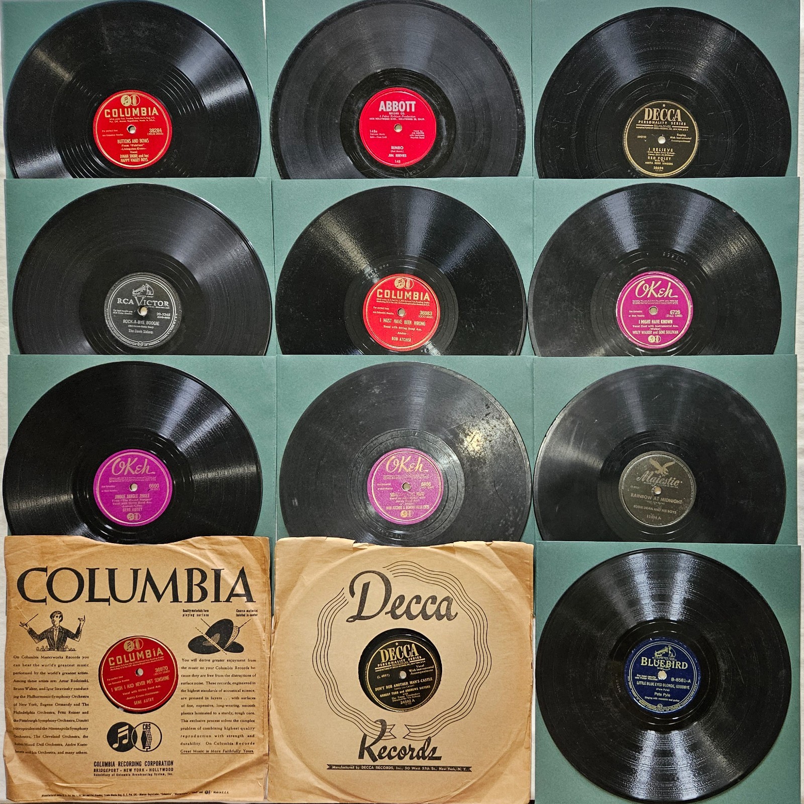 Twelve 78 RPM 10″ Records Lot #ANW: Country, Western, Cowboy, Folk & Pop Music