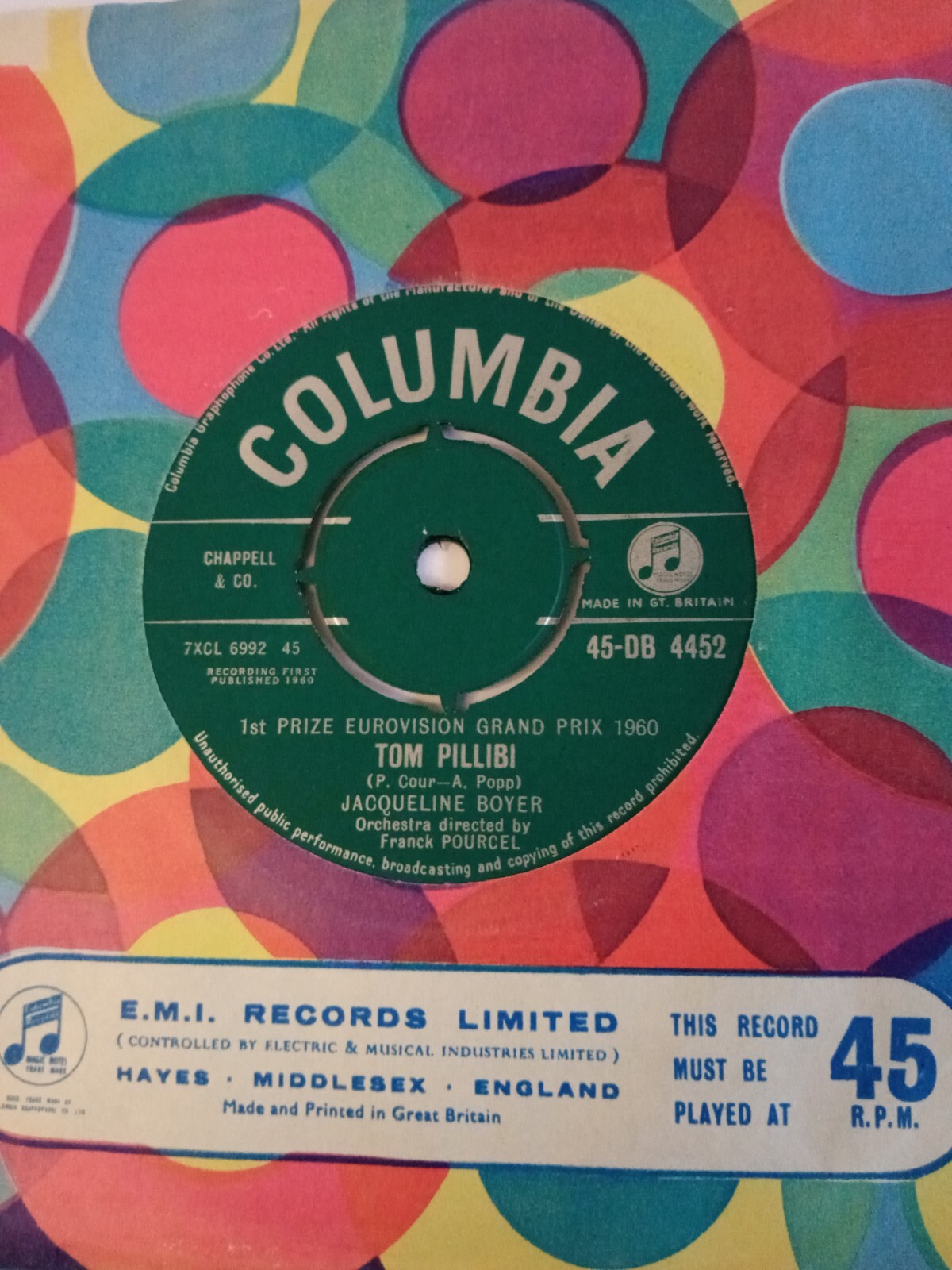 Jacqueline Boyer – Tom Pillibi (Columbia DB 4452) EUROVISION EX Vinyl 7″