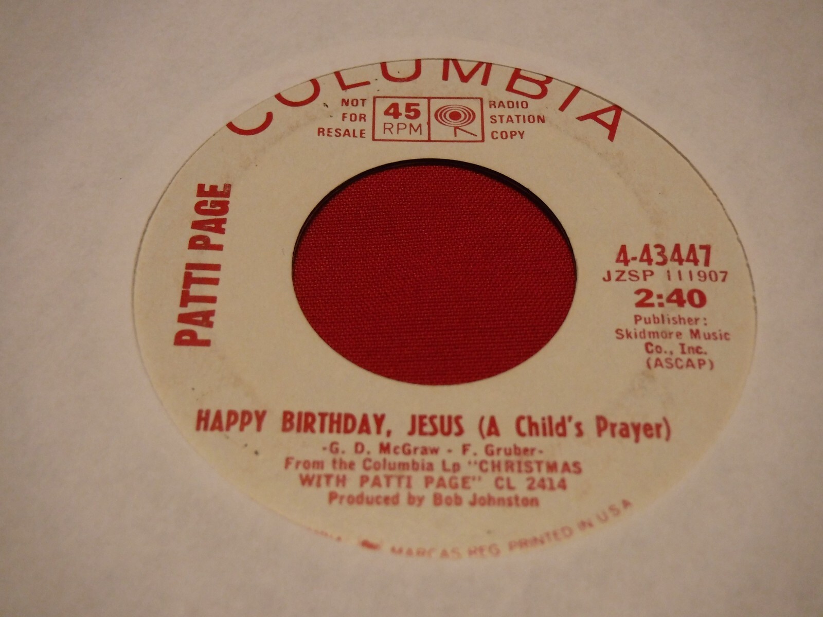 Patti Page 45 RPM 7″ Happy Birthday Jesus Christmas Bells Columbia 4-43447