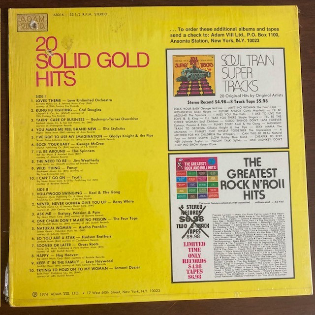 Various – 20 Solid Gold Hits LP (1975) Adam VIII Ltd. – A 8016. VG+/VG++