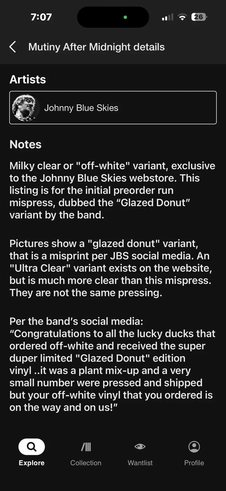 Johnny Blue Skies Mutiny After Midnight Rare LP Mispress Glazed Donut Variant