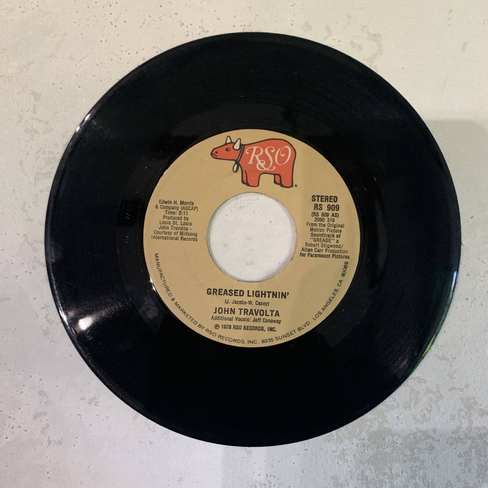 John Travolta / Sha Na Na “Greased Lightnin’ / Rock ‘N’ Roll” 7″ RSO 1978 VG