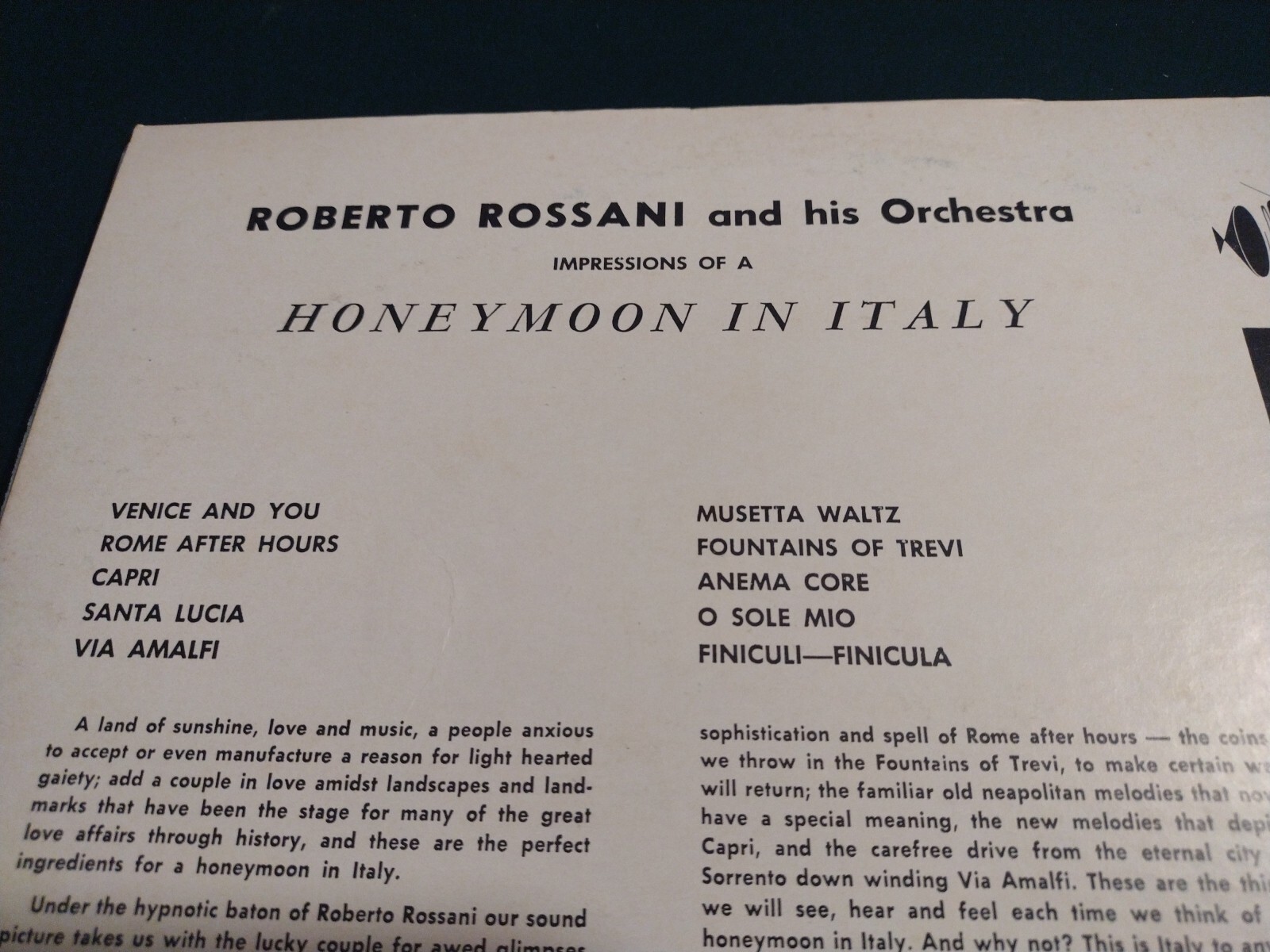 Roberto Rossani And His Orchestra ‎– Honeymoon In Italy (Vinyl LP 1959) Somerset