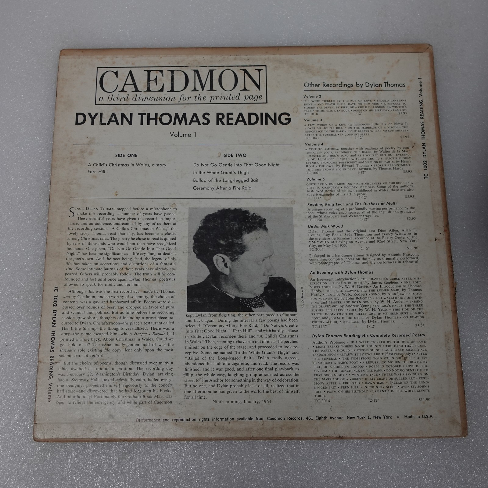 Dylan Thomas Reading Volume 1 LP Vinyl Album Record Non-Music