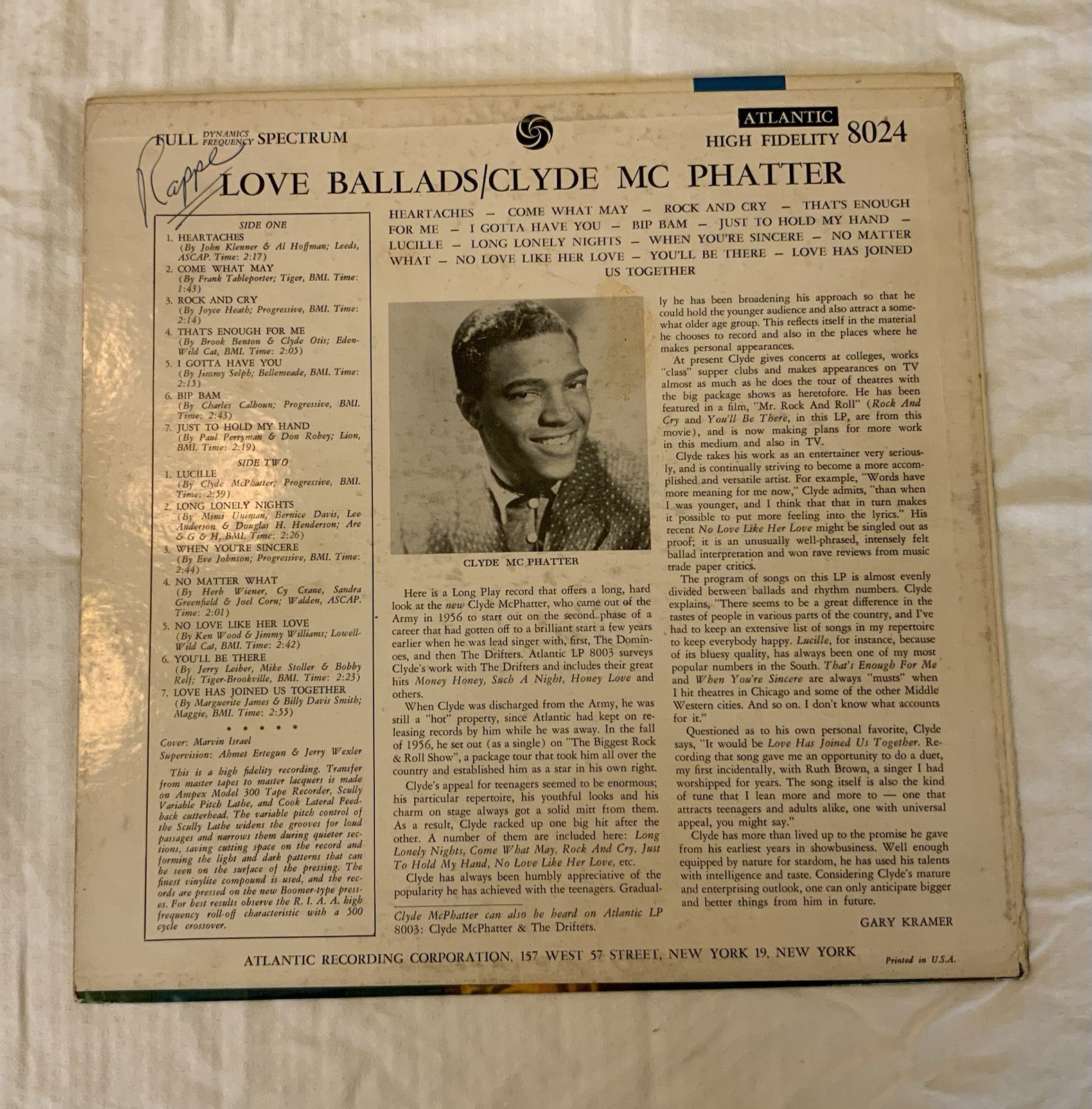 Clyde Mcphatter “Love Ballards” Atlanic 8024 1958 Bullseye Label