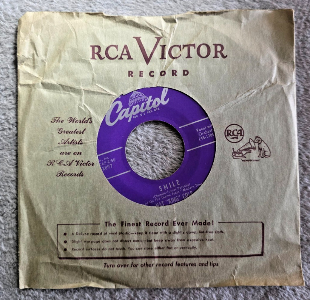 Nat King Cole Smile / It’s Crazy 45 RPM 1954 Capitol F2897 Purple Label USA VG+